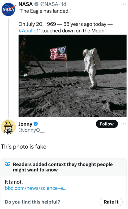 world event in 1969 - Nasa . 1d Nasa "The Eagle has landed." On 55 years ago today touched down on the Moon. Jonny This photo is fake Readers added context they thought people might want to know It is not. bbc.comnewssciencee... Do you find this helpful? 